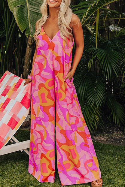 Pink Boho Abstract Print V Neck Wide Leg Jumpsuit - Chic Meadow Boutique 