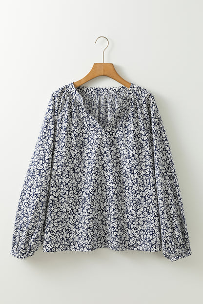 Blue Floral Print Notched V Neck Puff Sleeve Blouse