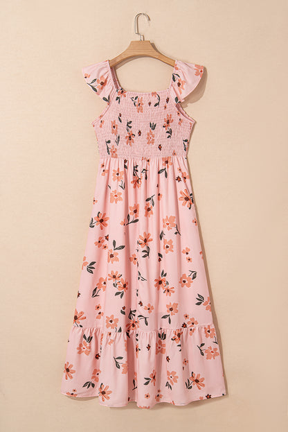 Pink Floral V Neck Smocked High Waist Ruffle Hem Long Dress
