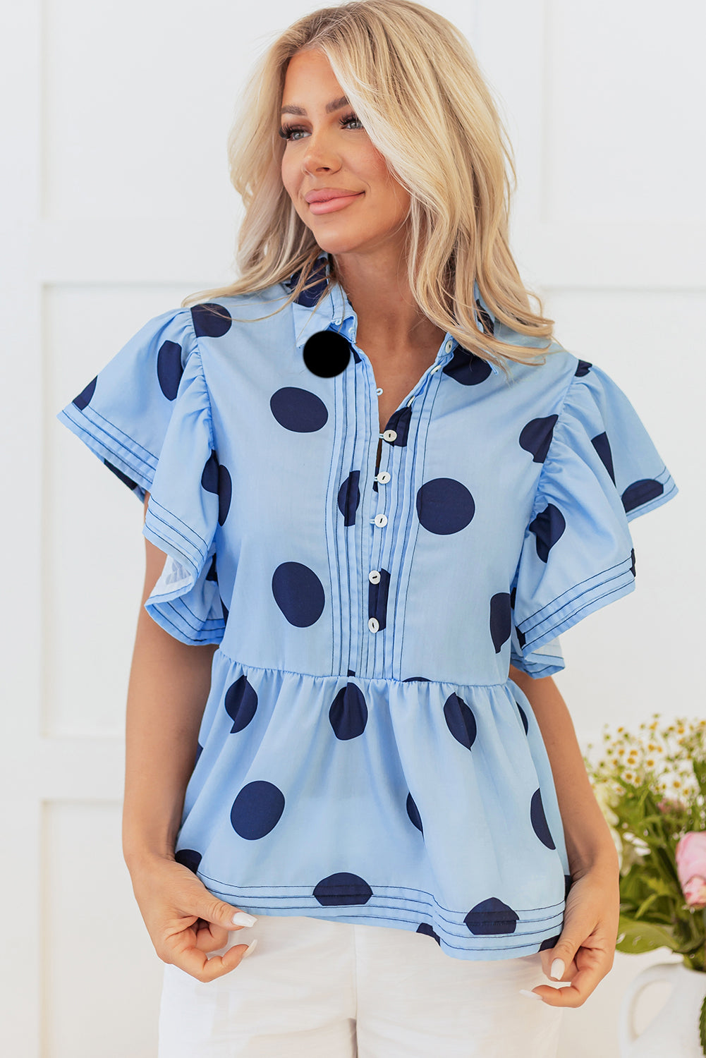 Sky Blue Polka Dot Print Ruffled Short Sleeve Buttoned Collared Blouse