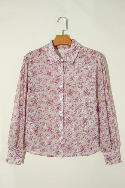 Pink Floral Print Bishop Sleeve Collared V Neck Shirt - Chic Meadow Boutique 