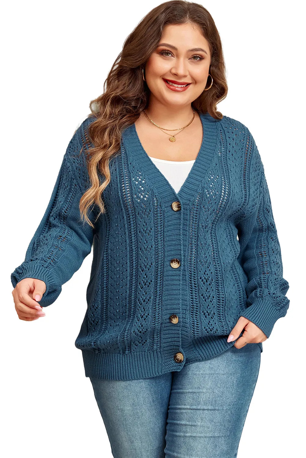 Real Teal Open Knit V Neck Button Front Drop Shoulder Plus Size Cardigan - Chic Meadow Boutique 