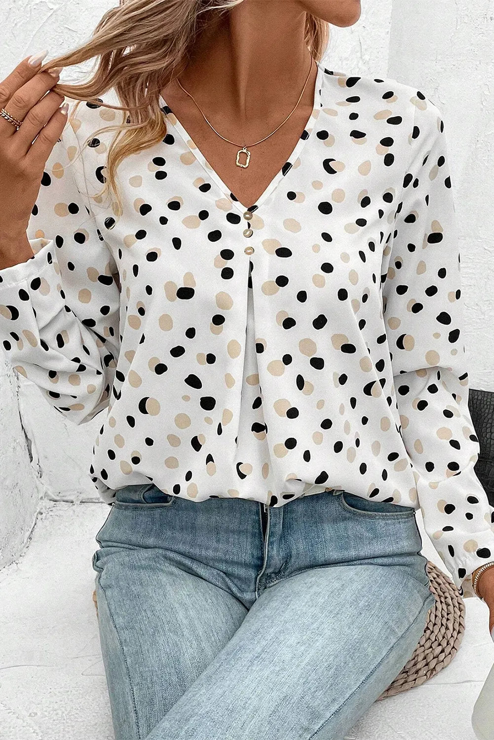 White Polka Dot Print Button Front V Neck Blouse - Chic Meadow Boutique 