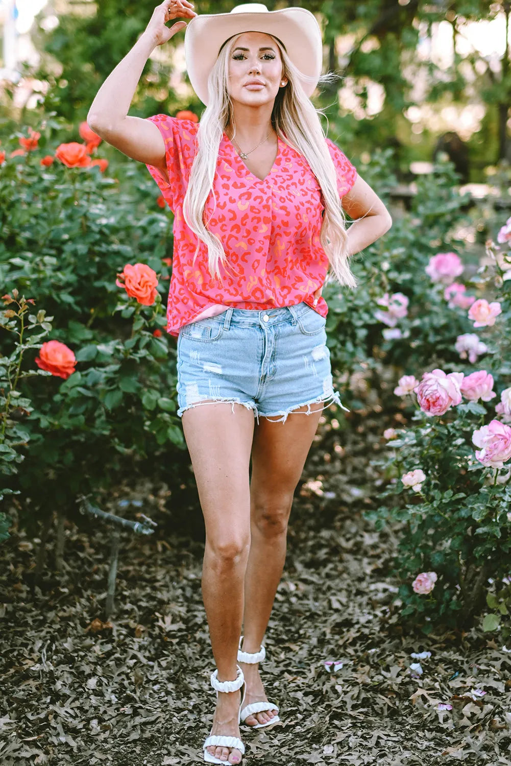 Pink Leopard V Neck Short Sleeve Blouse - Chic Meadow Boutique 