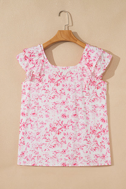 Pink Floral Ruffled Short Sleeve Bow Back Square Neck Blouse