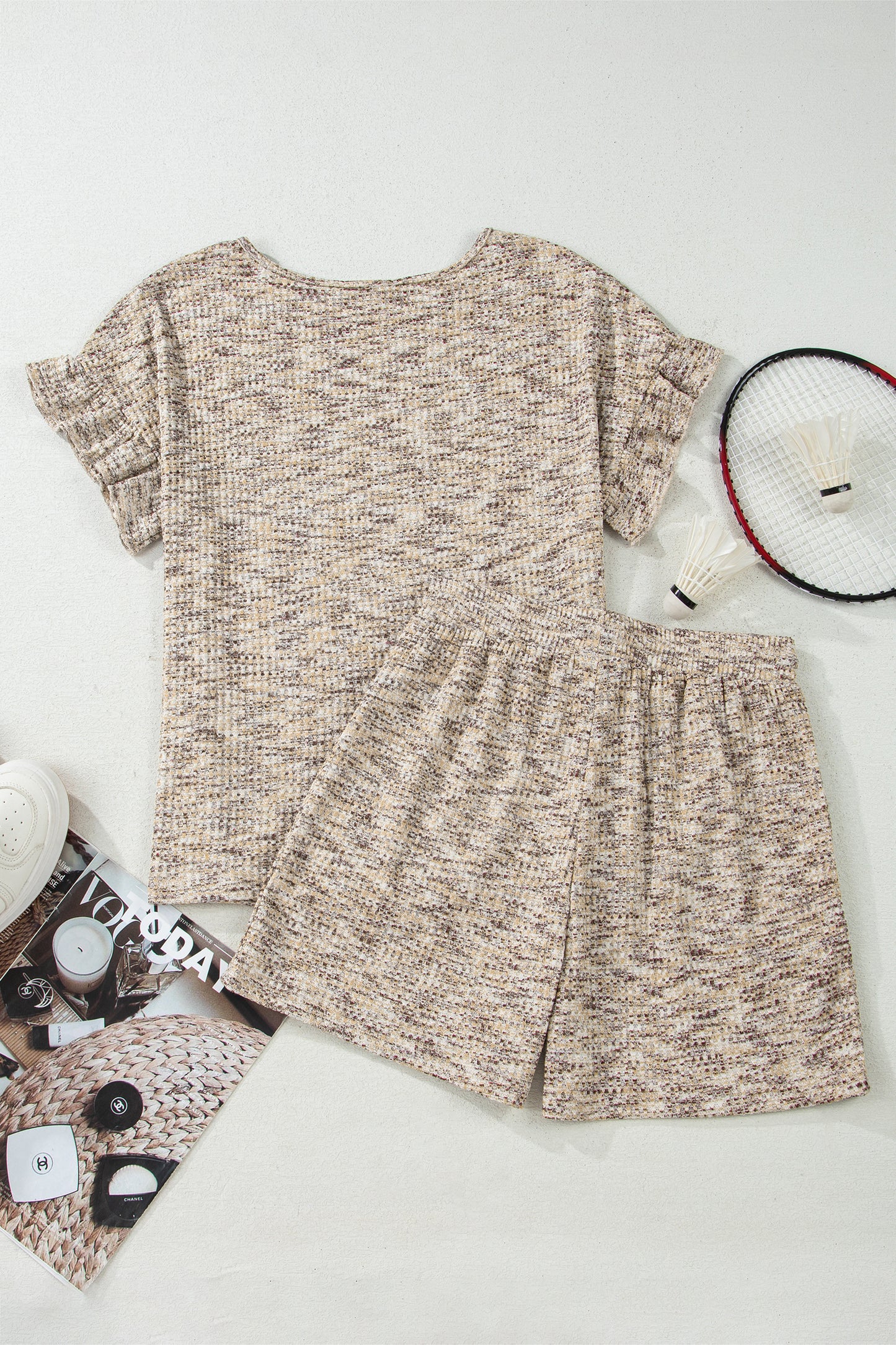 Pale Khaki Heather Textured Ruffle Sleeve Top and Drawstring Shorts Set