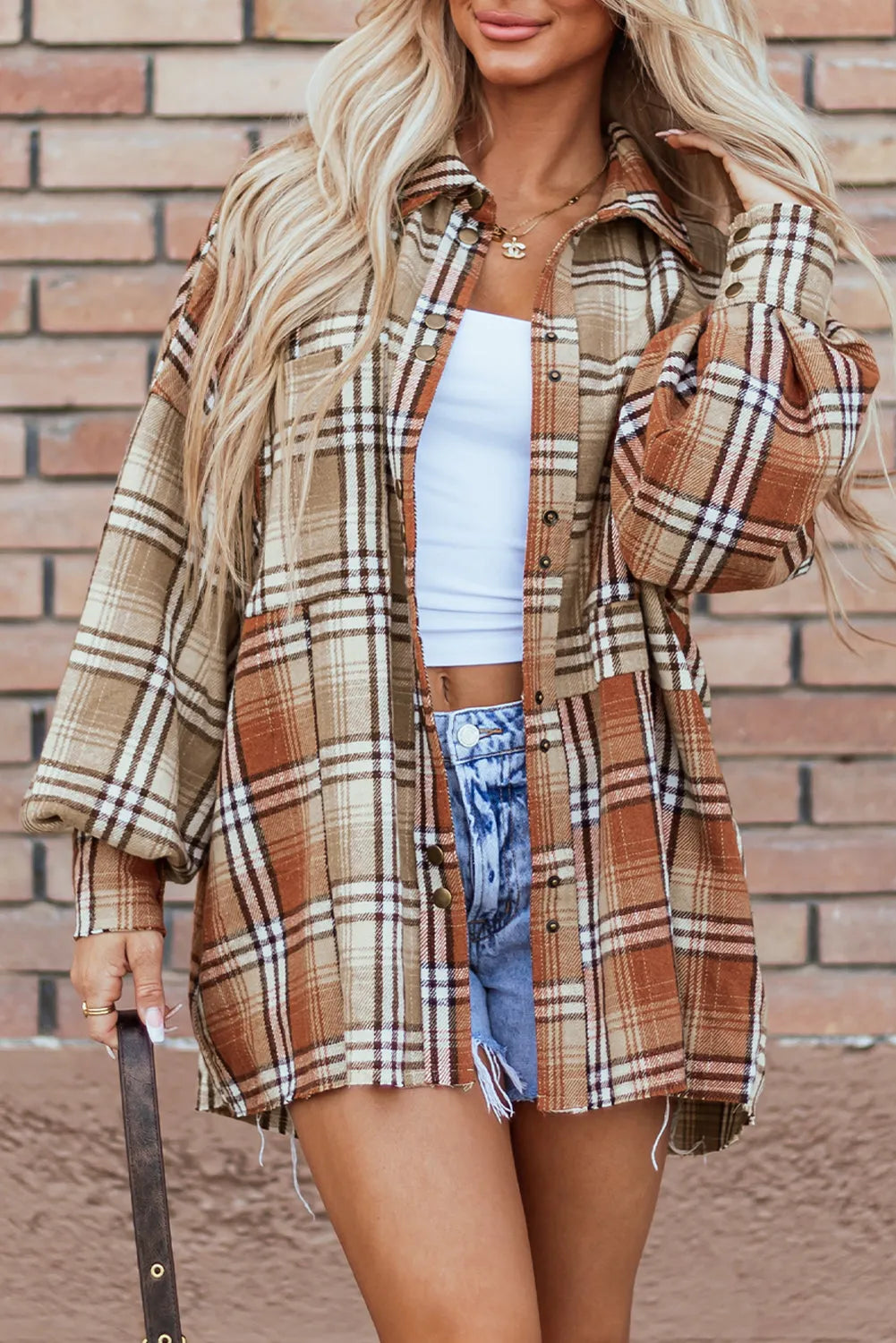 Khaki Plaid Colorblock Patchwork High Low Shacket - Chic Meadow Boutique 