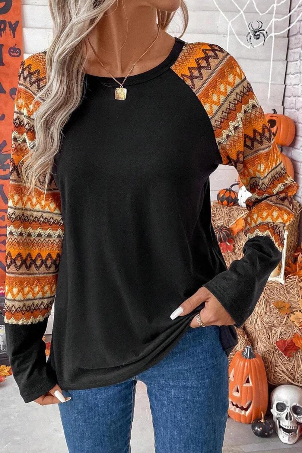 Tops/Long Sleeve Tops Orange Geo Print Raglan Patchwork Long Sleeve Tee