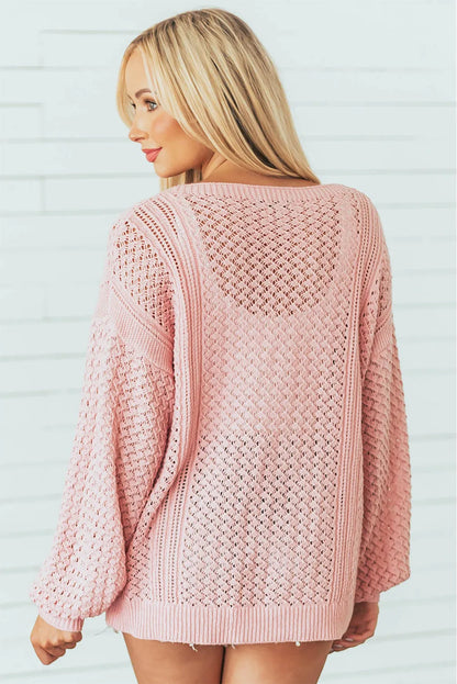 Pink Loose Pointelle Knit Ribbed V Neck Sweater - Chic Meadow Boutique 