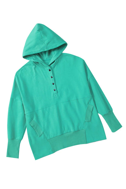 Turquoise Batwing Sleeve Pocketed Henley Hoodie - Chic Meadow Boutique 