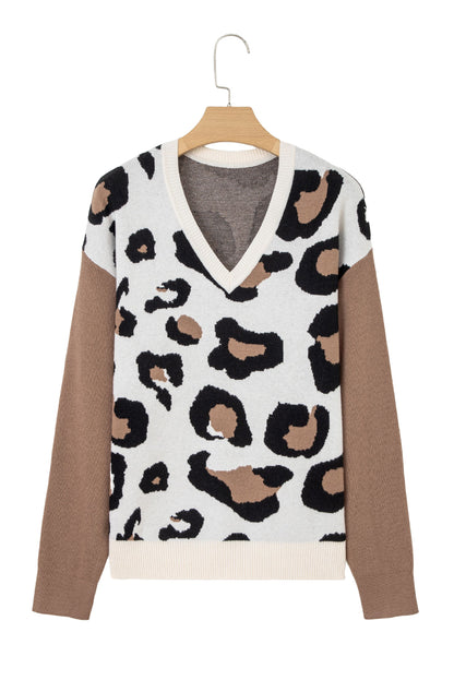 Jet Stream Leopard Print Color Block Patchwork Sleeve V Neck Sweater