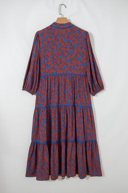 Brown 3/4 Puff Sleeve Tiered Loose Floral Dress