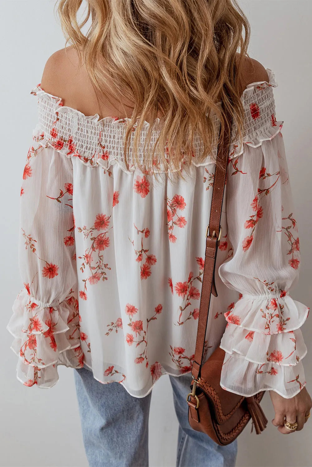 White Floral Print Shirred Off Shoulder Ruffled Sleeve Blouse - Chic Meadow Boutique 