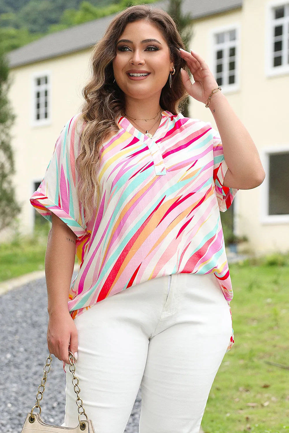 White Abstract Print Short Sleeve Notched Neck Plus Size Top - Chic Meadow Boutique 