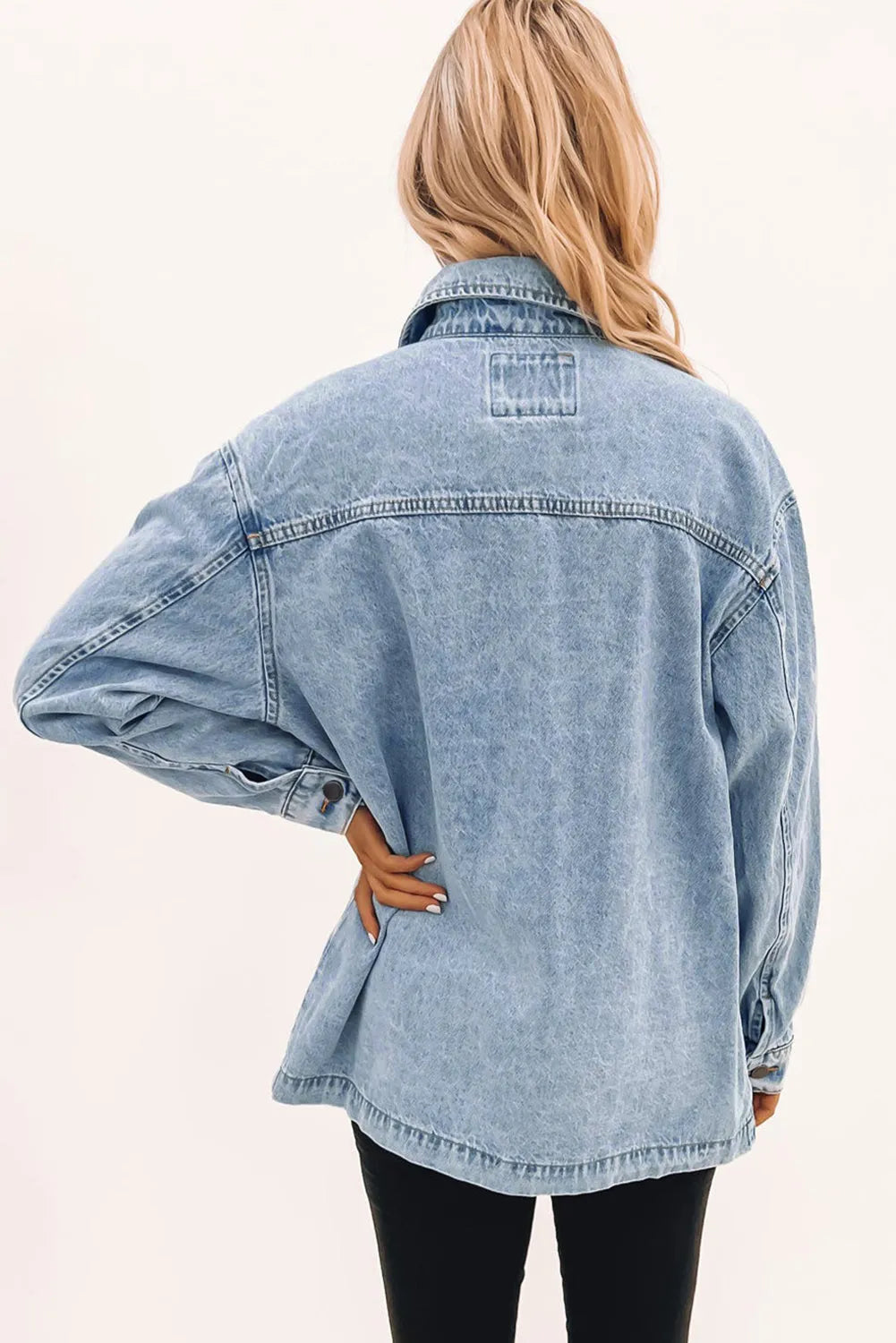 Sky Blue Acid Wash Flap Pocket Boyfriend Shacket - Chic Meadow Boutique 