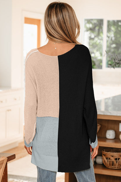 Black Color Block Knit V Neck Loose Sweater