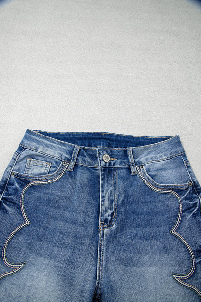 Blue Western Embroidered Flare Full Length Jeans