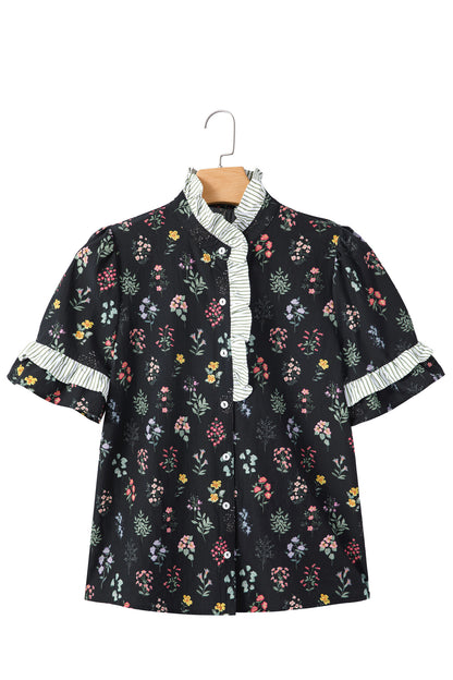 Black Contrast Frilled Trim Short Sleeve Floral Shirt