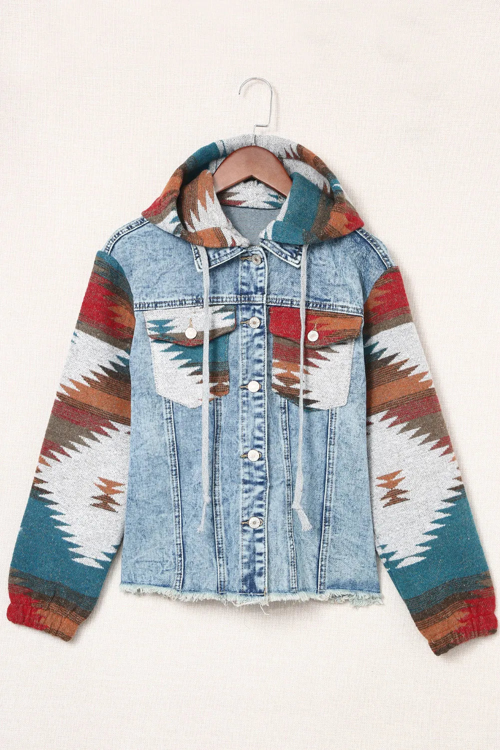 Multicolor Aztec Print Frayed Hem Denim Jacket - Chic Meadow Boutique 