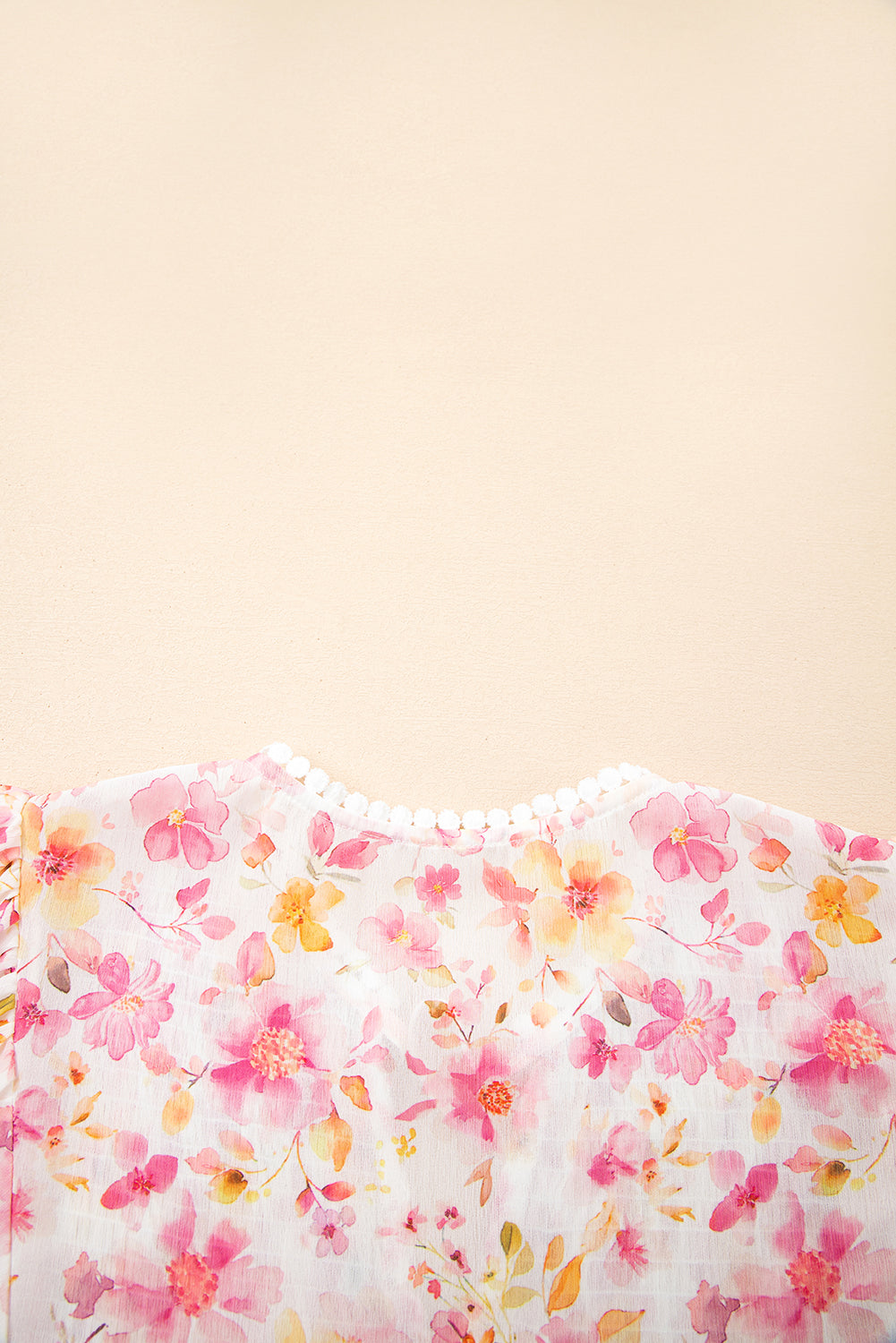 Pink Floral Print Tassel Tie Smocked V Neck Puff Sleeve Tunic Blouse