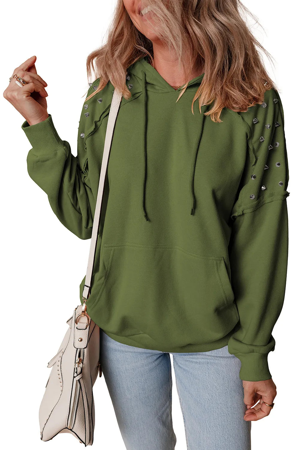 Vineyard Green Solid Color Rivet Stud Raglan Sleeve Hoodie with Pocket - Chic Meadow Boutique 