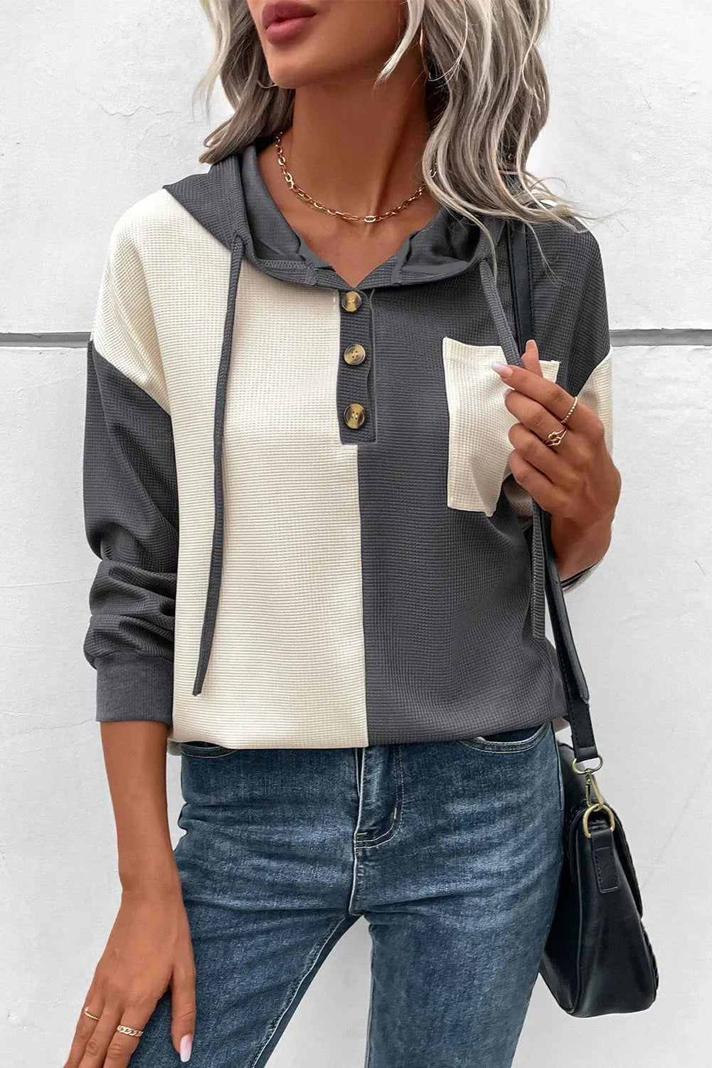 Dark Grey Waffle Colorblock Buttons Placket Drop Shoulder Drawstring Hoodie - Chic Meadow Boutique 