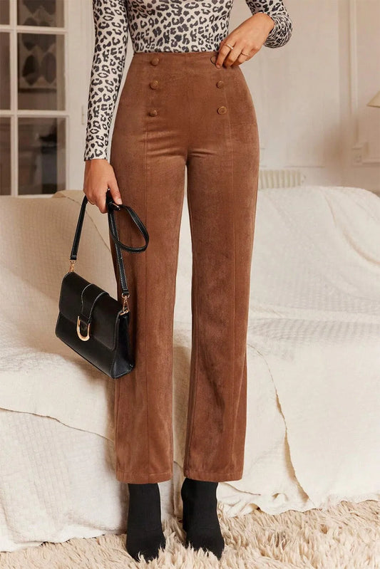 Chestnut Solid Color Double Breasted Straight Leg Pants - Chic Meadow Boutique 