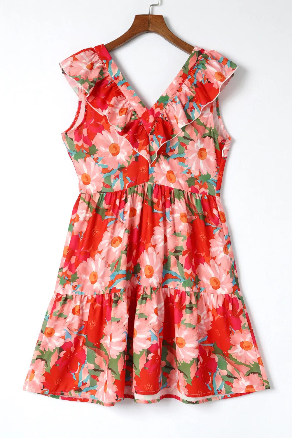 Fiery Red Floral Sleeveless V Neck Frill Mini Dress - Chic Meadow Boutique 