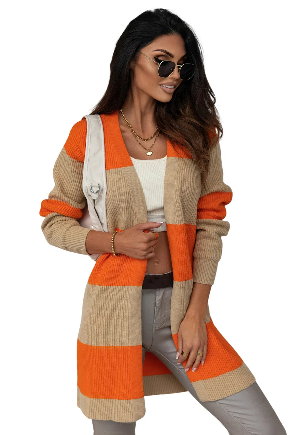 Orange Colorblock Ribbed Knit Cardigan - Chic Meadow Boutique 