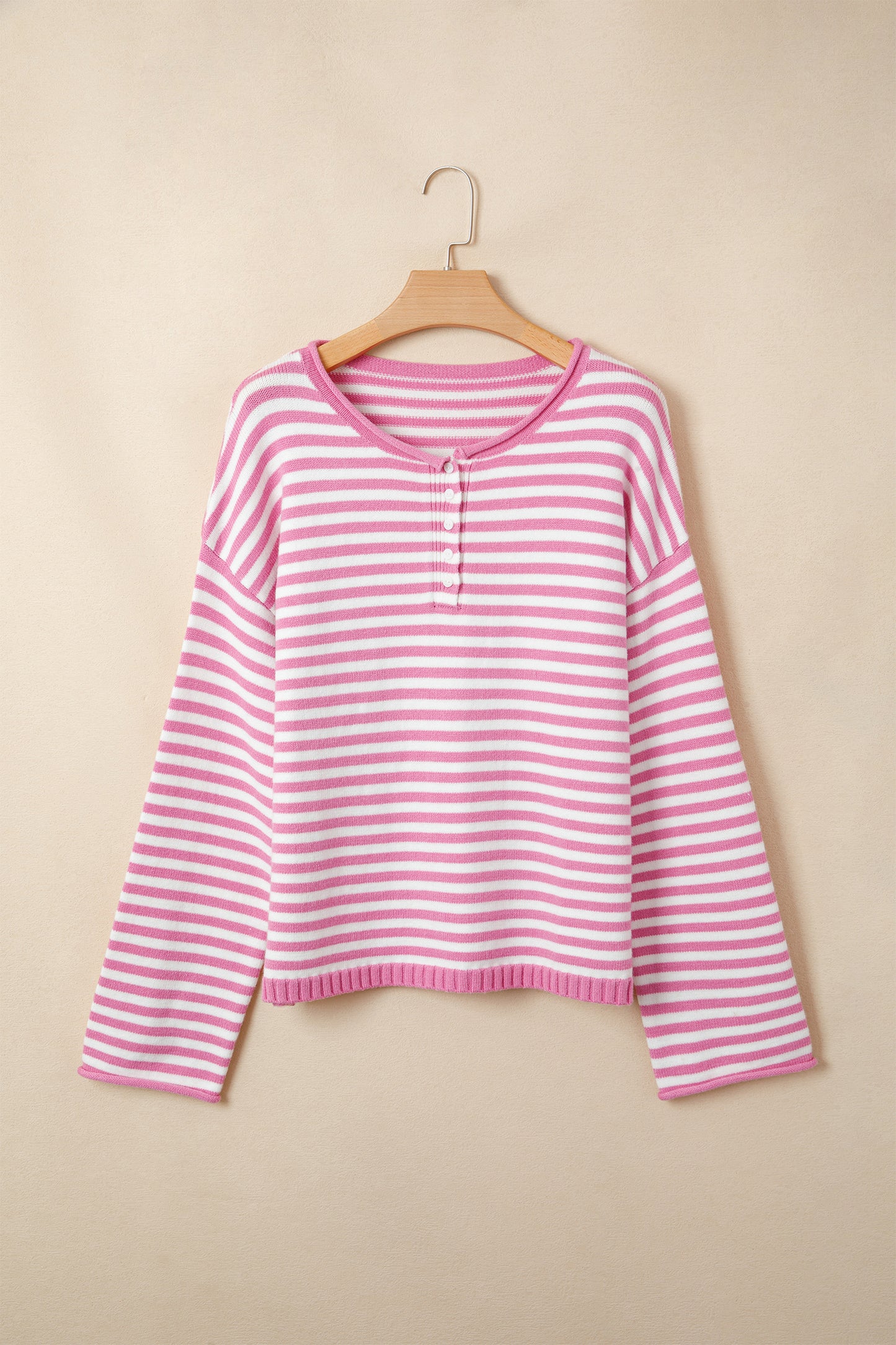 Pink Stripe Striped Button Placket Drop Shoulder Long Sleeve Sweater