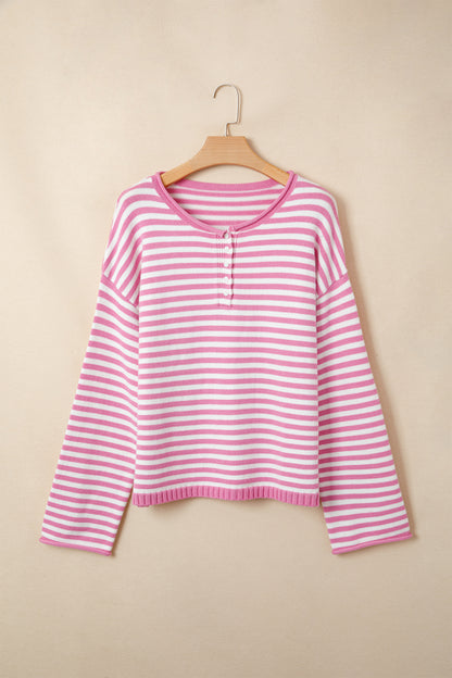 Pink Stripe Striped Button Placket Drop Shoulder Long Sleeve Sweater