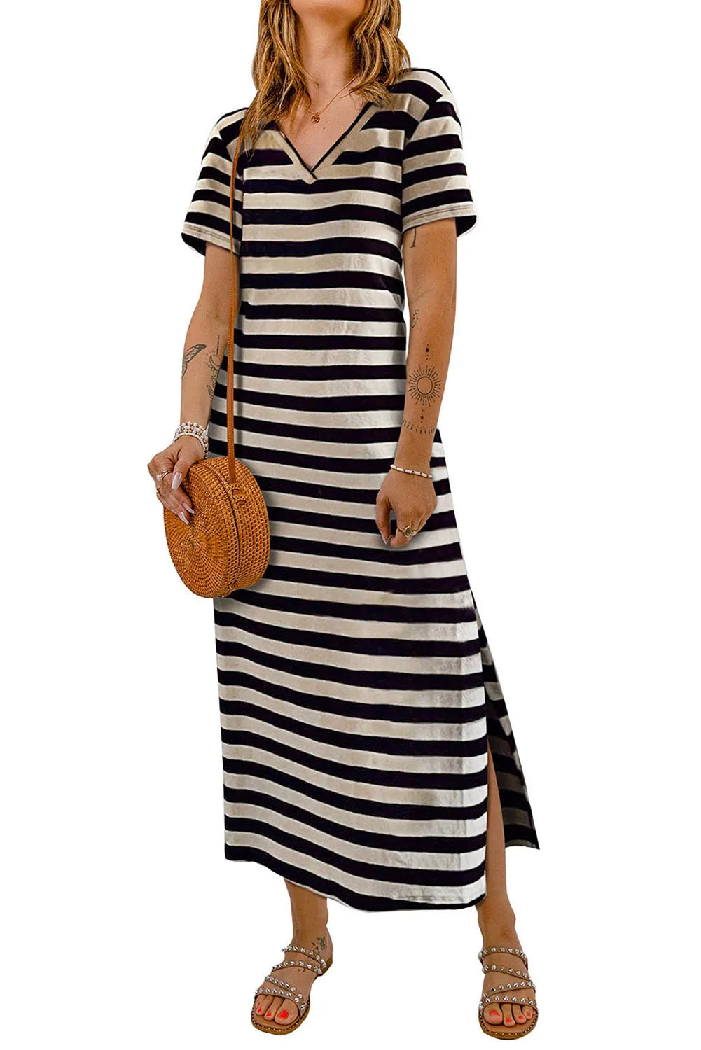 Black Stripe Print V Neck Maxi Dress with Side Splits - Chic Meadow Boutique 