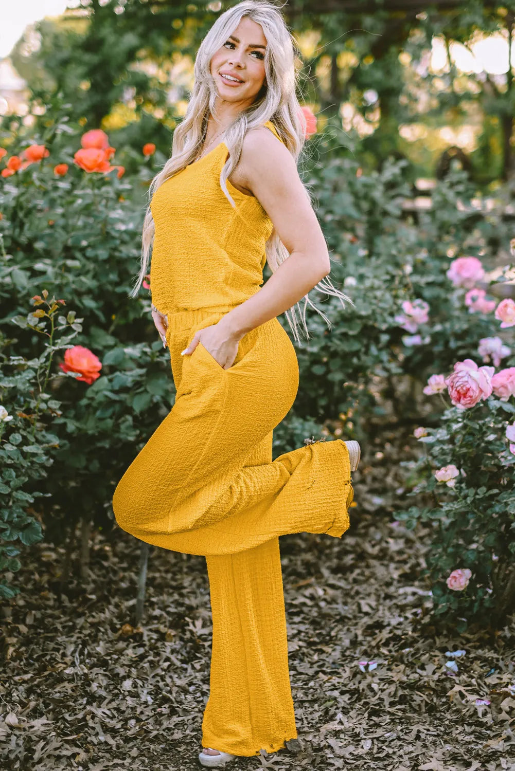 Yellow Crinkled U Neck Tank Top and Wide Leg Pants Set - Chic Meadow Boutique 