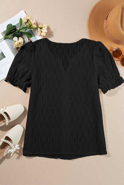Black Solid Color Textured Notched Neck Puff Sleeve Blouse