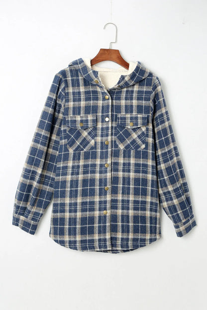 Blue Plaid Pattern Sherpa Lined Hooded Shacket - Chic Meadow Boutique 