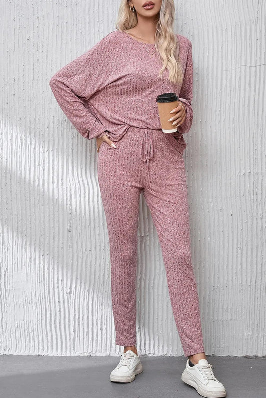 Two Piece Sets/Pant Sets Peach Blossom / S / 70%Polyester+27%Viscose+3%Elastane Peach Blossom Ribbed Drop Shoulder Top and Knot Waist Leggings Set