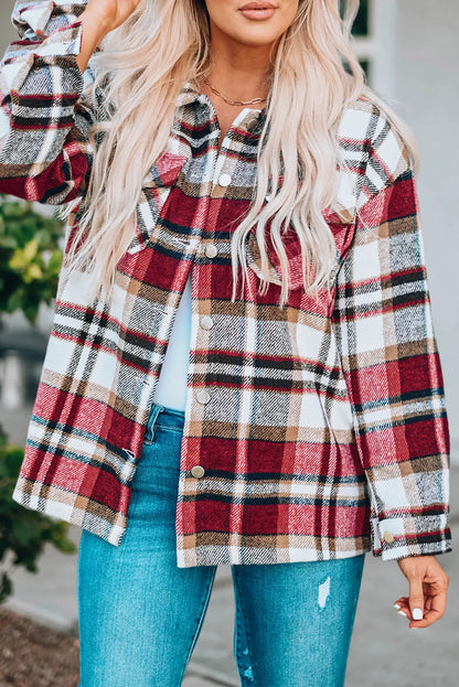 Fiery Red Geometric Plaid Print Pocketed Shacket - Chic Meadow Boutique 