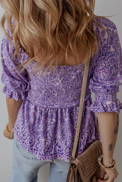 Purple Boho Paisley Print Half Sleeve Shirred Peplum Blouse