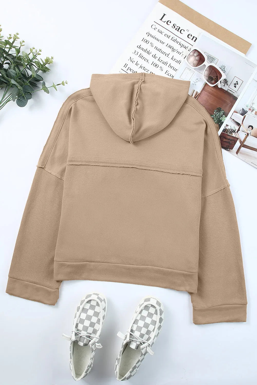 Khaki Casual Button Solid Patchwork Trim Hoodie - Chic Meadow Boutique 