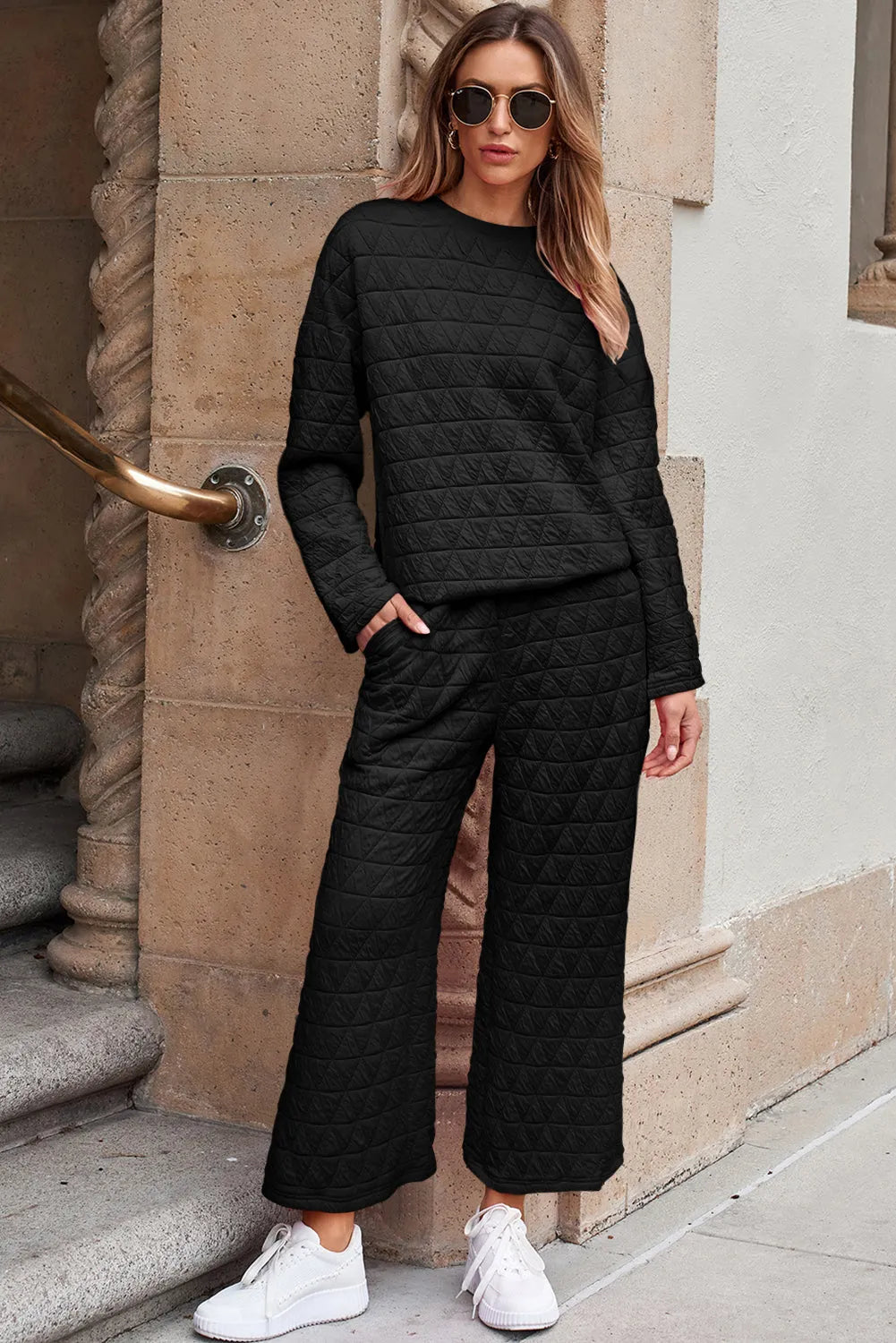 Black Solid Quilted Pullover and Pants Outfit - Chic Meadow Boutique 