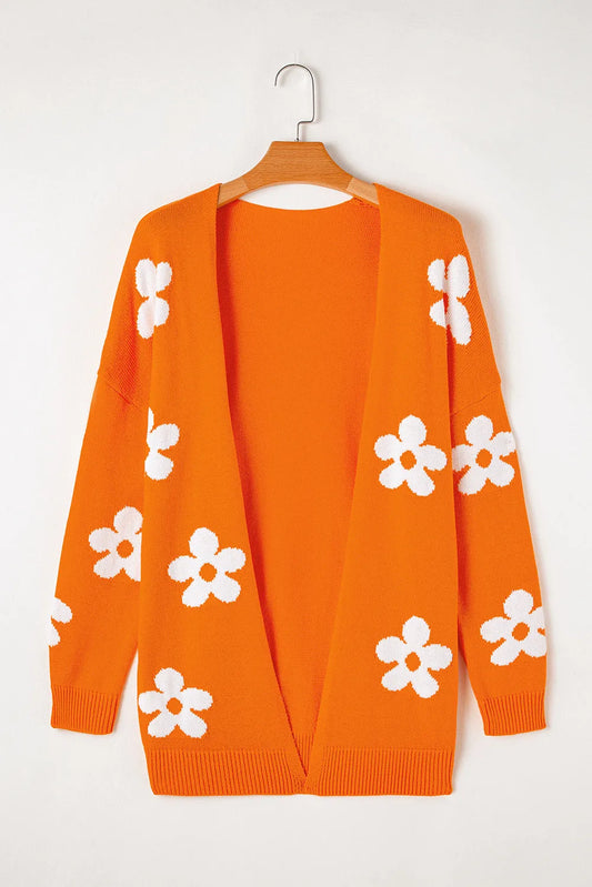 Orange Floral Print Knitted Open Front Loose Cardigan - Chic Meadow Boutique 