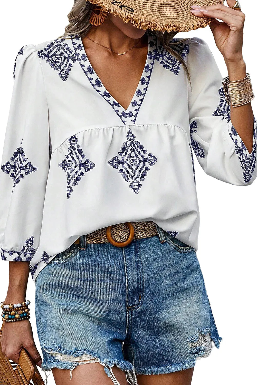 White Boho Geometric Print Bracelet Sleeve V Neck Blouse - Chic Meadow Boutique 