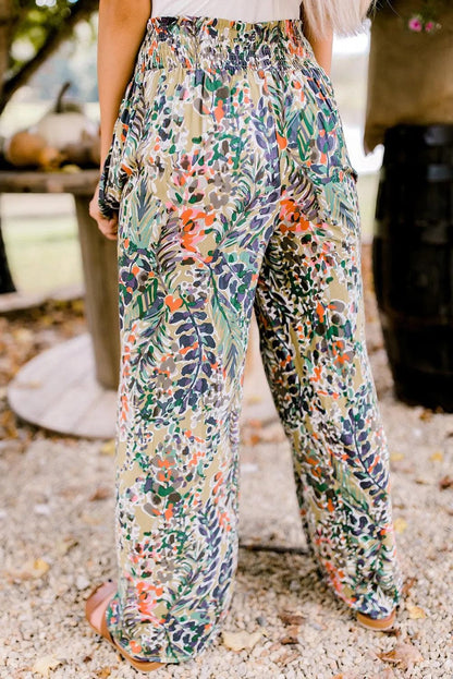 Bottoms/Pants & Culotte Multicolor Floral Print Shirred High Waist Wide Leg Casual Pants