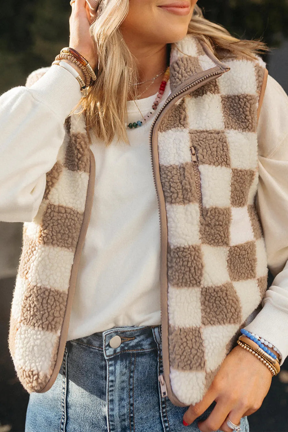 Khaki Checkered Sherpa Collared Jacket Vest - Chic Meadow Boutique 