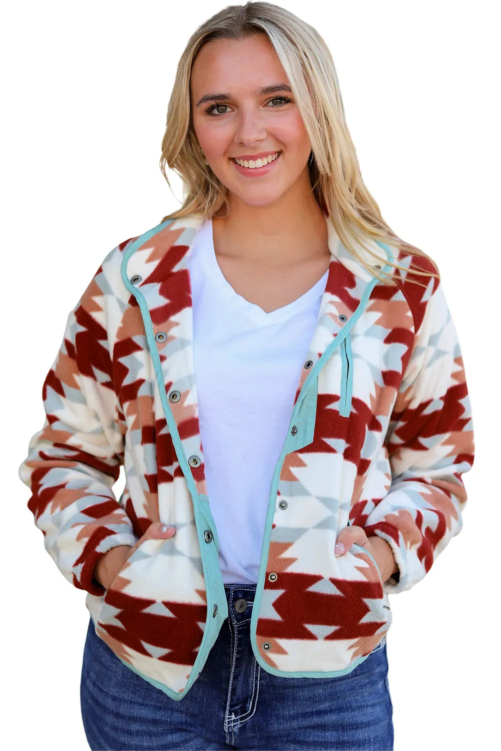 Fiery Red Western Aztec Buttoned Zipper Pockets Fleece Jacket - Chic Meadow Boutique 