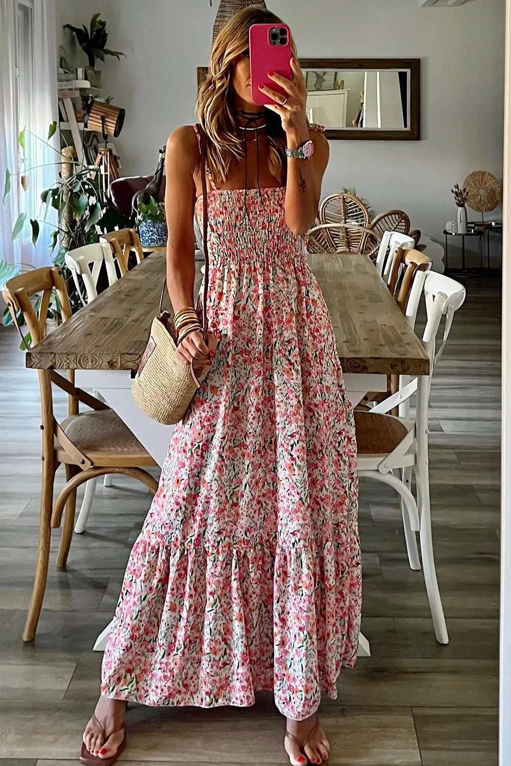 Dresses/Maxi Dresses White Boho Floral Smocked Ruffled Maxi Dress