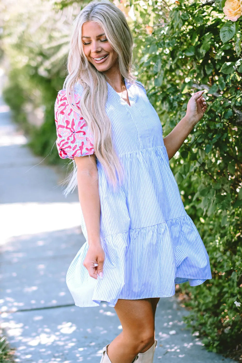 Sky Blue Stripe Contrast Floral Puff Sleeve Tiered Ruffle Dress - Chic Meadow Boutique 