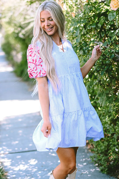 Sky Blue Stripe Contrast Floral Puff Sleeve Tiered Ruffle Dress - Chic Meadow Boutique 