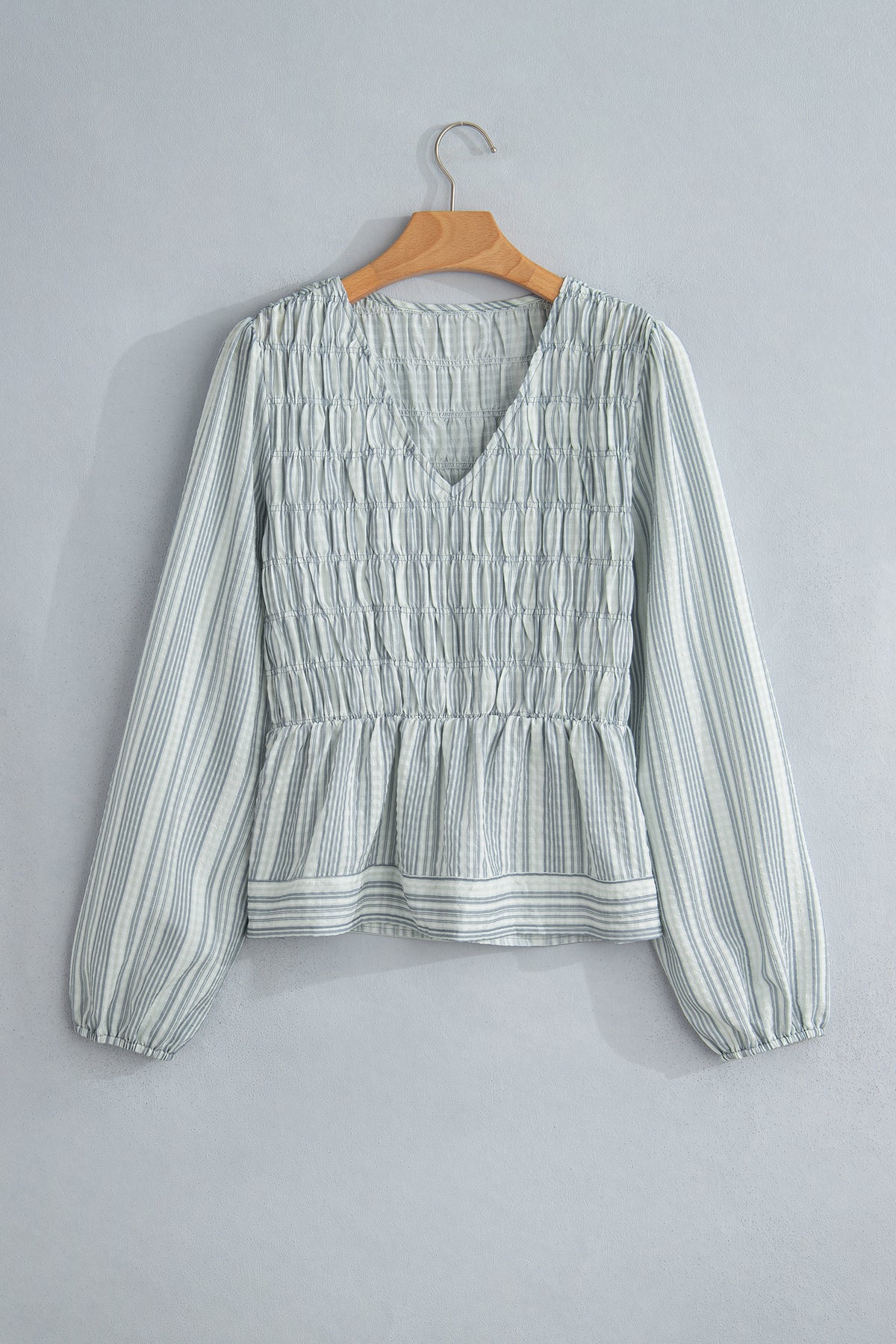 Blue Stripe V Neck Shirred Long Sleeve Blouse