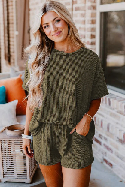 Jungle Green Ribbed Textured Knit Loose Fit Tee and Shorts Set - Chic Meadow Boutique 